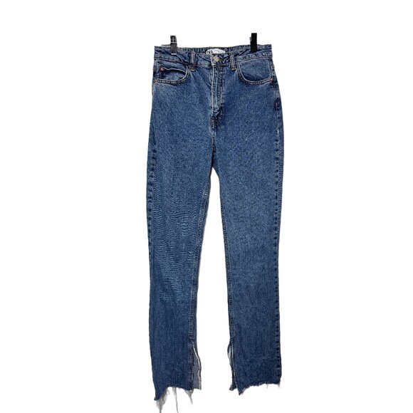 Zara Split Hem High Waist Straight Leg Jeans Dark Wash Raw Edge Size 26 - Picture 2 of 8